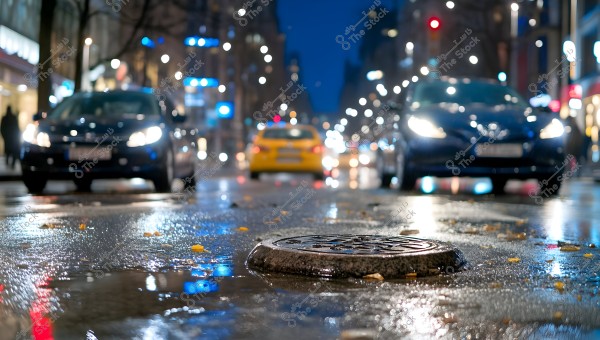 The image shows a street at night covered with rain. Reflections of streetlights can be seen in the puddles on the road. There are parked cars on the side and others in motion, with a yellow taxi in the background. The scene is urban and bustling with dim lighting in the environment.
