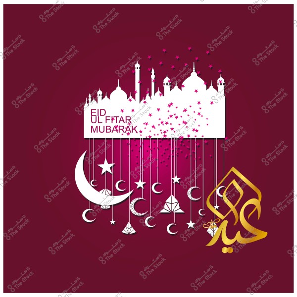 Design celebrating Eid al-Fitr with illustrations of crescents, stars, and mosques in white and gold on a burgundy background.