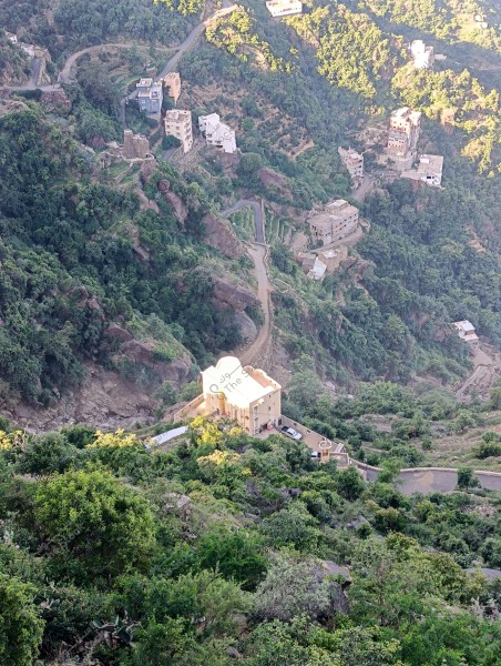 A mountain view featuring several houses situated on lush green slopes in a mountainous region. The buildings are scattered among trees and abundant vegetation, with narrow roads connecting them. The house in the foreground appears to be constructed from stone and painted in a light color under the sunlight. The atmosphere is serene, with nature surrounding the landscape.