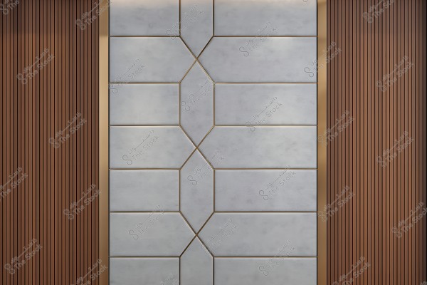 The image depicts an interior design featuring a wall covered with large grey panels separated by sleek copper lines. Flanking the wall are vertical wooden panels in a rich brown color, adding a warm touch to the modern and minimalist design.