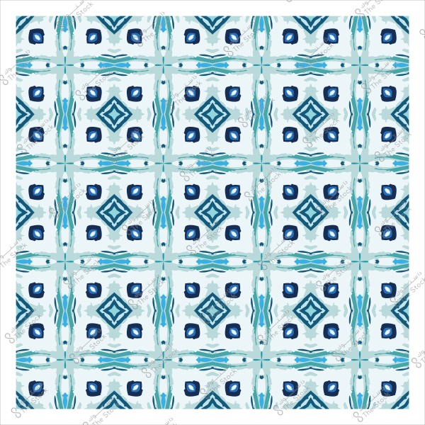 نمط زخرفي متكرر بألوان زرقاء متدرجة وأشكال ماسية وأشكال عضوية.