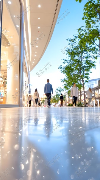 A scene of a modern shopping street in the evening, showing several people walking on the sidewalks. The glass facade of a store on the left is brightly lit, while trees are visible on the right under a light blue sky. Lights and shadows reflect on the shiny ground surface.