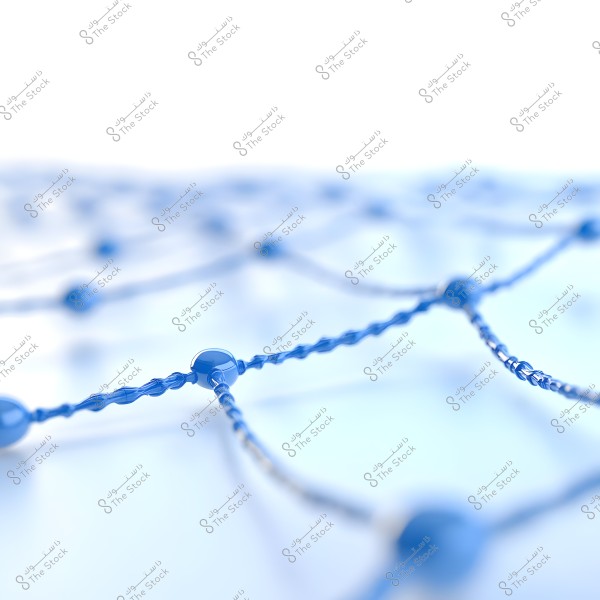 The image depicts an abstract pattern of a three-dimensional blue network composed of nodes connected by thin wavy lines. The background is light with white and light blue gradients, highlighting the complexity and visual appeal of the design.