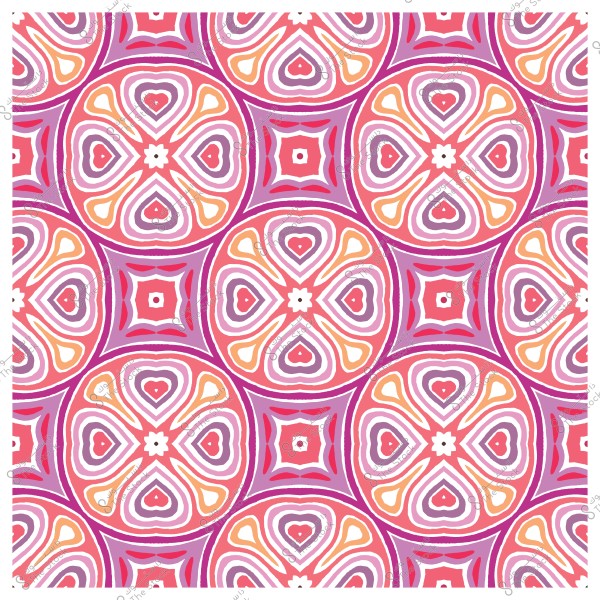 Repeating geometric pattern with pink and orange colors and flower shapes.