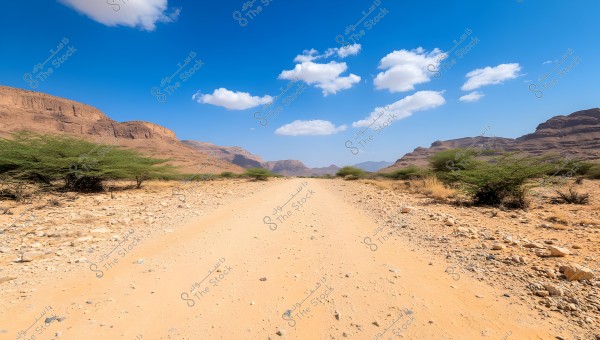 A long desert road surrounded by brown hills and rocks, with mountains in the distance under a clear blue sky with scattered white clouds. Sparse green shrubs are seen on both sides of the road.