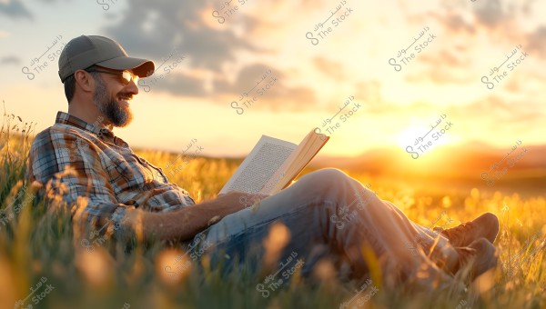 A man sitting in a green field with tall grass during sunset, reading a book. He is wearing glasses, a baseball cap, a plaid shirt, and jeans. The sun is setting on the horizon, casting a warm glow over the scene.
