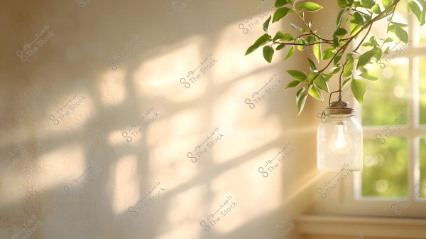 An image of a partially open window allowing sunlight to stream into the room. On the right, a glass jar with a glowing light bulb is hanging from a green plant branch with scattered leaves. The wall in the background reflects the shadows attractively due to the natural light.