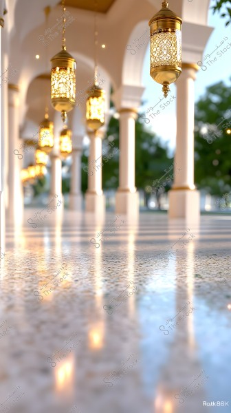 An image depicts a series of ornate golden lanterns hanging from an arched ceiling in a colonnade. White marble columns extend in a symmetrical line, with their reflections on the shiny floor. Green trees are visible outside the walkway.