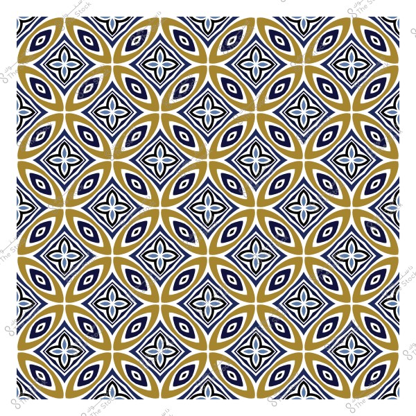 A decorative design with repeated geometric shapes in brown and blue with white details.
