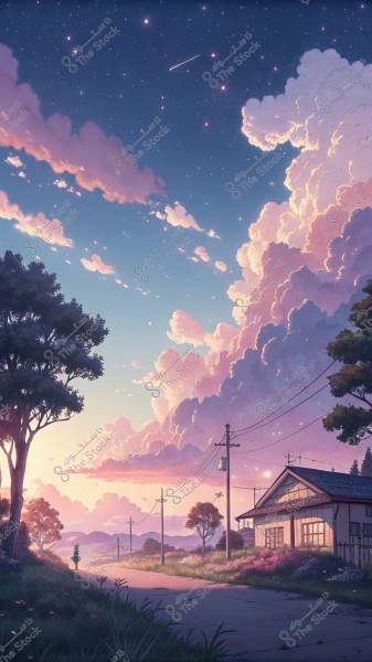 تُظهر الصورة مشهد غروب الشمس بمنظر طبيعي ساحر, حيث تمتد الغيوم الوردية الكبيرة عبر السماء الزرقاء الداكنة المليئة بالنجوم وسطوع نجمة لامعة. تظهر في الصورة منازل ريفية بسيطة من جانب الطريق, مع أشجار ومزروعات بالقرب منها. في المسافة, يمكن رؤية الجبال تحت ضوء الشمس الدافئ, مما يخلق جوًا هادئًا ومريحًا.