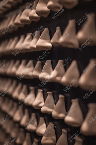 Rows of 3D nose models mounted on a dark wall.