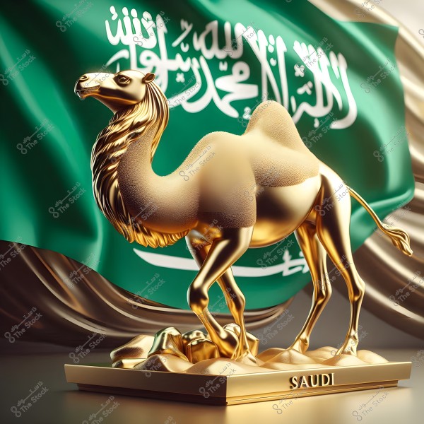 A golden camel statue standing on a base with the word \"Saudi\" engraved on it. In the background, the Saudi flag is waving, displaying its green color and white inscriptions.