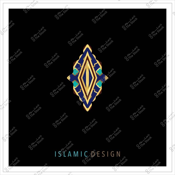 تصميم هندسي إسلامي باللونين الذهبي والأزرق الداكن على خلفية سوداء مع عبارة "ISLAMIC DESIGN" مكتوبة بالأسفل.