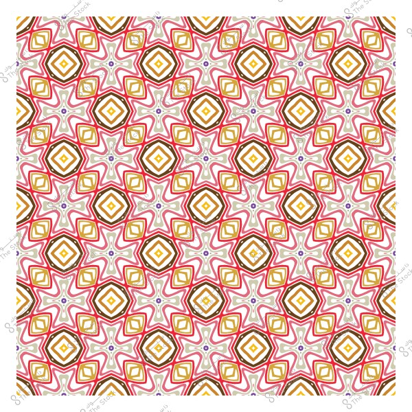 تصميم هندسي تكراري بألوان متعددة, يظهر أشكال نجمية ومربعات متداخلة بألوان الأحمر والبني والأصفر.