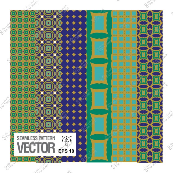 خمسة أنماط متكررة بألوان الأزرق, الأخضر, والأصفر, التصميم الحديث لعناصر الديكور.