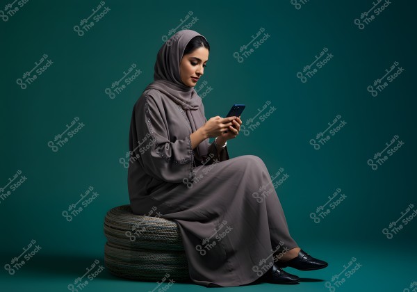 A portrait of a woman sitting on a round cushion, wearing a dark gray abaya and headscarf, and looking at a mobile phone in her hands. The background is dark green, and the woman appears focused on her screen. The abaya features delicate embroidery on the edges.