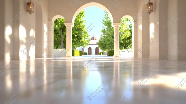A scene depicting an arched corridor with white marble columns, accompanied by lush green trees and hedges on both sides. In the background, there is a building with a circular base and an ornate dome. Natural lighting creates beautiful reflections on the shiny marble floor.