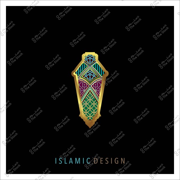 تصميم إسلامي مزخرف بألوان ذهبية وزرقاء ووردية وخضراء على خلفية سوداء.