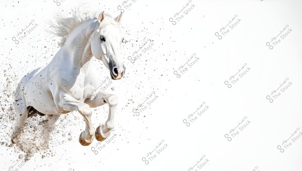 Image of a white horse vigorously jumping on a white background, with grains of sand and soil flying through the air. The horse\'s mane is flowing behind due to the rapid movement. The horse appears strong and dynamic in a powerful moment.
