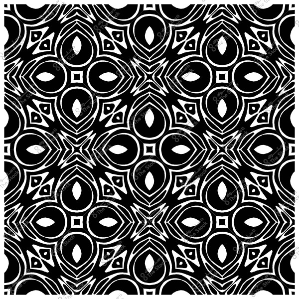 Symmetrical black and white decorative pattern with geometric shapes and dots.