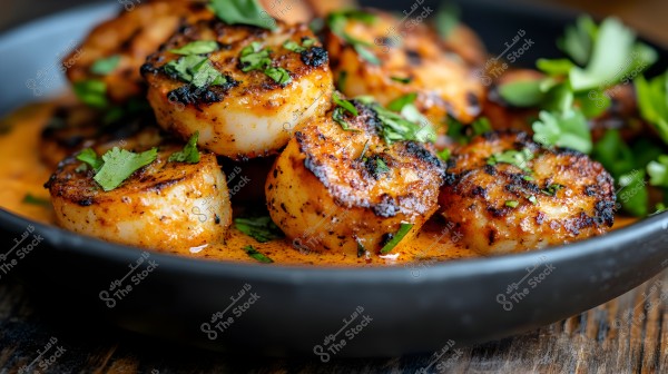A dish featuring grilled scallops with a crispy crust, seasoned with spices and herbs. The food is in an orange buttery sauce, garnished with fresh green cilantro leaves, served in a dark bowl.