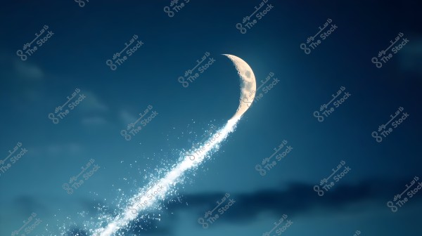 An image of a dark night sky featuring a bright crescent moon. There is a glowing trail of white particles extending from the crescent upwards, creating the impression of a comet or a magical effect.