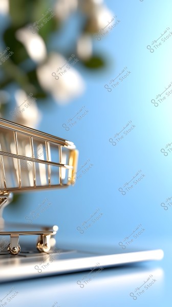 The image shows a small golden shopping cart placed on a laptop, with a blurry blue background containing green and white spots that appear to be out-of-focus plants or flowers.