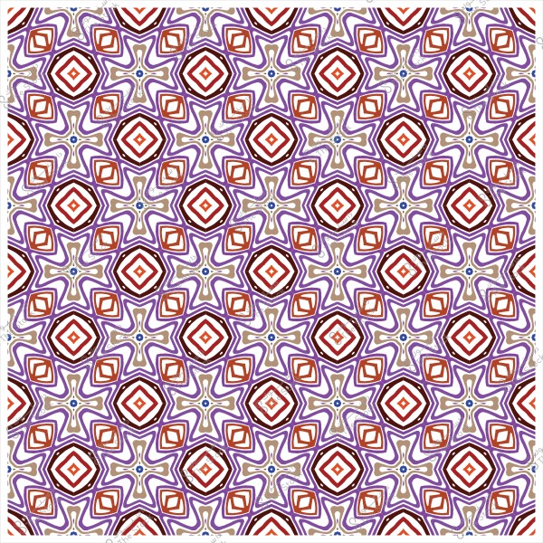 نمط مزخرف بألوان متعددة يتضمن أشكالاً هندسية مكررة باللون الأحمر والبنفسجي والبيج على خلفية بيضاء.