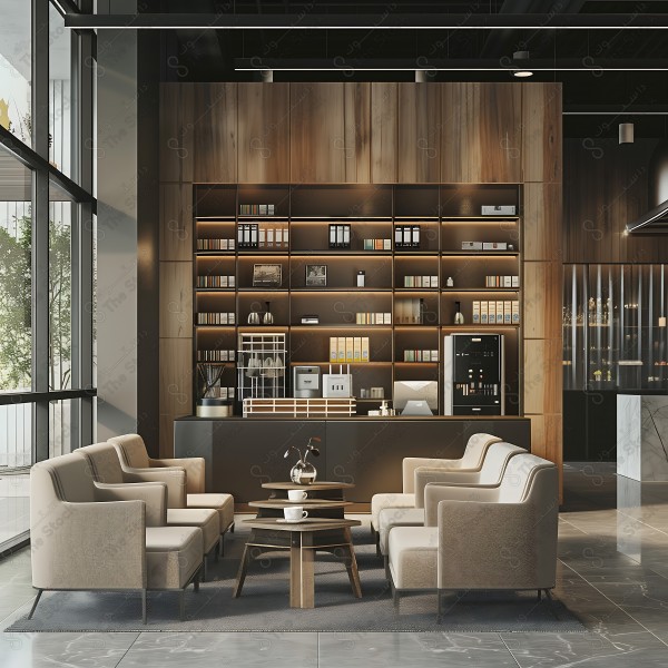 A modern seating area in an elegant café, featuring sofas, wooden tables, and a bookshelf filled with various products in the background. This image was generated by artificial intelligence.