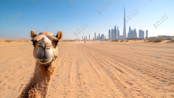 The image shows a camel\'s head in the foreground, with modern skyscrapers from the city of Dubai in the background. The open desert occupies most of the surrounding space under a clear blue sky.