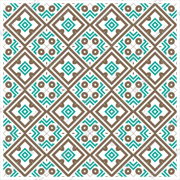 Symmetrical geometric pattern with square shapes and circular lines in brown and blue colors.