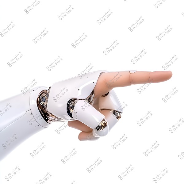 A sleek and sophisticated white robotic arm showing intricate details of metallic joints. The finger is pointing horizontally, highlighting the blend of synthetic and human-like coloring.
