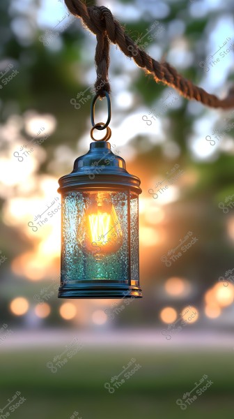 An image of a glass lantern hanging from a rope, emitting a warm orange glow. The lantern is encased in textured glass and stands out against a blurred background of trees and greenery, lit by the soft light of a beautiful sunset.