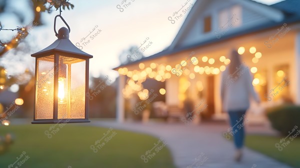 A lit lantern hangs in the foreground of an outdoor scene at dusk. In the background, a house is softly illuminated with string lights and a person walking toward the home. The setting conveys a warm and inviting atmosphere.