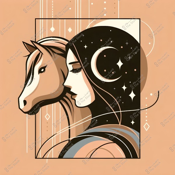 An artistic depiction of an abstract female figure beside a horse. The woman has long hair and closed eyes, with a black veil adorned with stars and a crescent moon. The horse next to her appears calm, while the background features geometric designs and earthy tones.