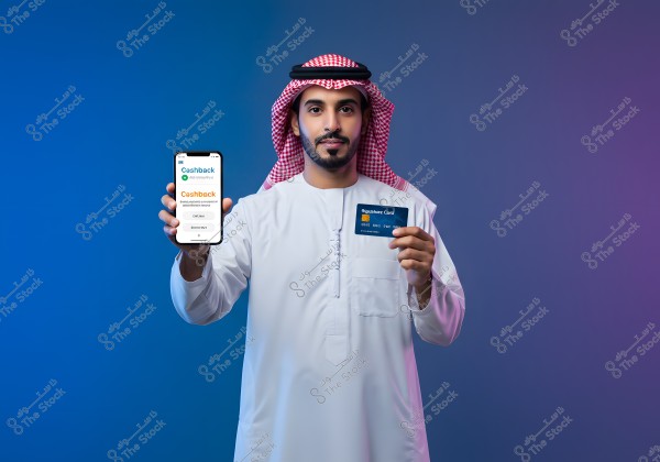 An image of a man wearing a white thobe and a red and white keffiyeh, suggesting Saudi or Gulf attire, standing against a gradient blue to purple background. The man is holding a smartphone in his left hand displaying an app showing \"Cashback,\" and in his right hand, he holds a blue credit card labeled \"Signature Card.\"