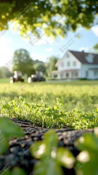 The image shows small green plants growing in the foreground on a paved surface, with leafy trees in the background under a clear blue sky. In the distance, there is a large farm featuring a white country house and a tractor, surrounded by an expanse of grassy fields.