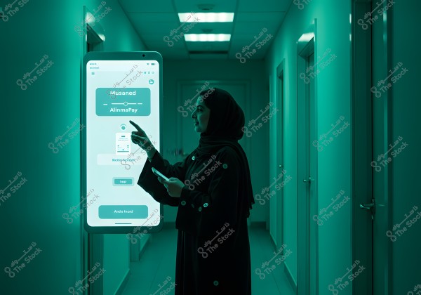 A woman wearing a black abaya and hijab stands in a dimly lit corridor, interacting with a large touchscreen display next to her. The screen shows an application with options like \"Musaned\" and \"Alinma Pay.\" The lighting in the scene is greenish-blue.