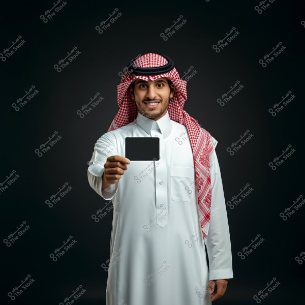 Image of a man standing against a dark background, wearing a traditional white thobe and a red and white checkered shemagh. He is holding a black card and smiling at the camera. His traditional attire suggests Saudi cultural origins.