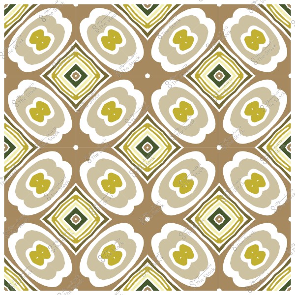 Geometric pattern design with brown, green, and white colors in squares and repeating motifs.