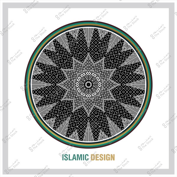 تصميم هندسي إسلامي دائري باللونين الأسود والأبيض مع تفاصيل معقدة ونقوش متكررة.