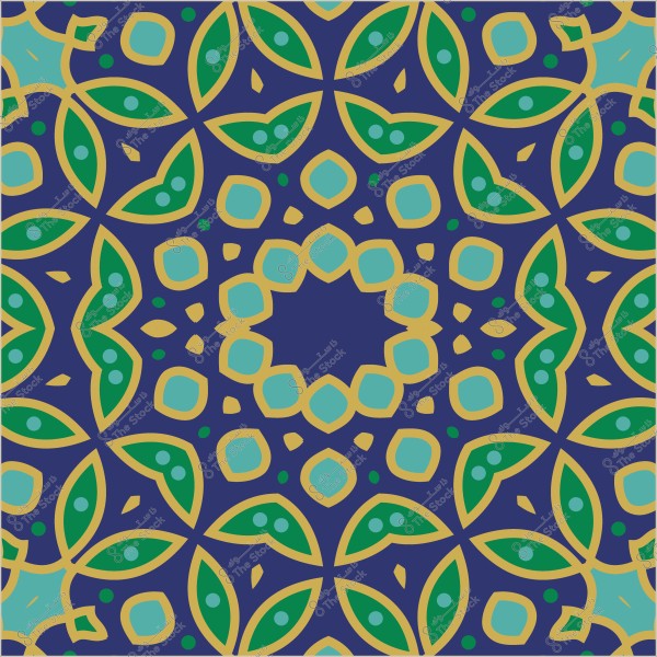 Islamic decorative pattern in green, blue, and gold colors with an intricate geometric design.
