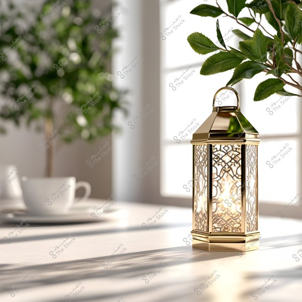 A golden lantern with a traditional Arabic design on a white table, with a blurred green plant in the background and sunlight streaming through the windows. The lantern features decorative patterns and appears glowing, adding a warm and inviting feel to the scene.