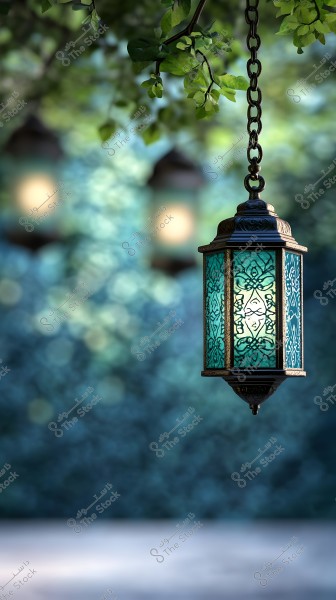 A traditional lantern hanging from an iron chain outdoors, featuring blue glass with white ornate patterns. It is glowing with light. In the background, there are blurred lights and green foliage, creating a peaceful and soothing atmosphere.