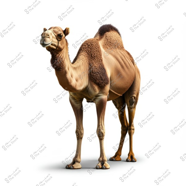 The image shows a camel standing against a white background. The camel has light brown fur with darker patches on its back. It has a single hump and is clearly depicted with its long legs and raised head.