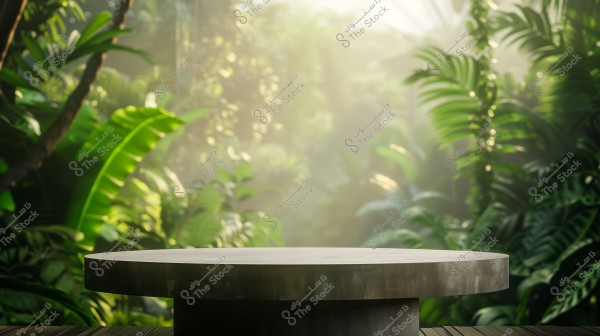 An image showing a round wooden table in the foreground of a jungle scene. The background is filled with dense green trees and tropical plants, with a beam of light illuminating the upper right corner of the scene.