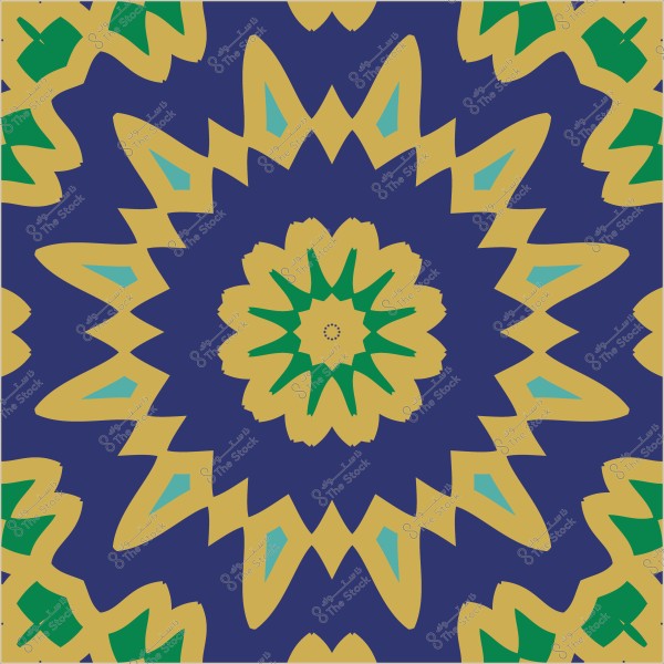 Symmetrical geometric design with blue, yellow, and green colors.