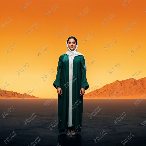 A portrait of a woman wearing a green abaya and a white hijab, standing in a desert landscape with a mountainous background. The sky is a warm orange color, suggesting sunset.