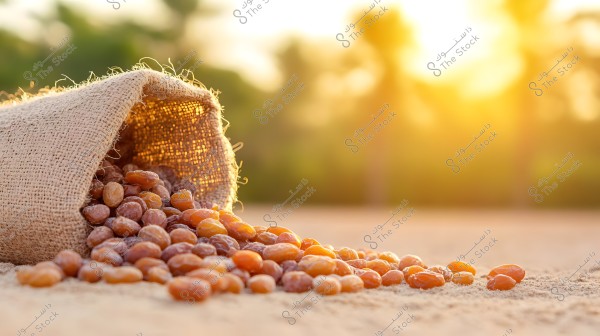 A burlap sack lies on the ground filled with dark brown spices or grains spilling over the sand. The burlap is tilted to the side, and a golden sunlight bathes the scene from the background, giving the image a warm, atmospheric feel. Palm trees are faintly visible as the light comes through them.