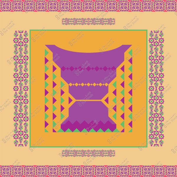 تصميم هندسي ملون بنمط مستوحى من التراث السعودي التقليدي. يشتمل التصميم على أشكال وأنماط هندسية باللون البنفسجي والبرتقالي والأخضر والأصفر, محاطة بإطارات مزينة بالزهور ونقوش تقليدية.